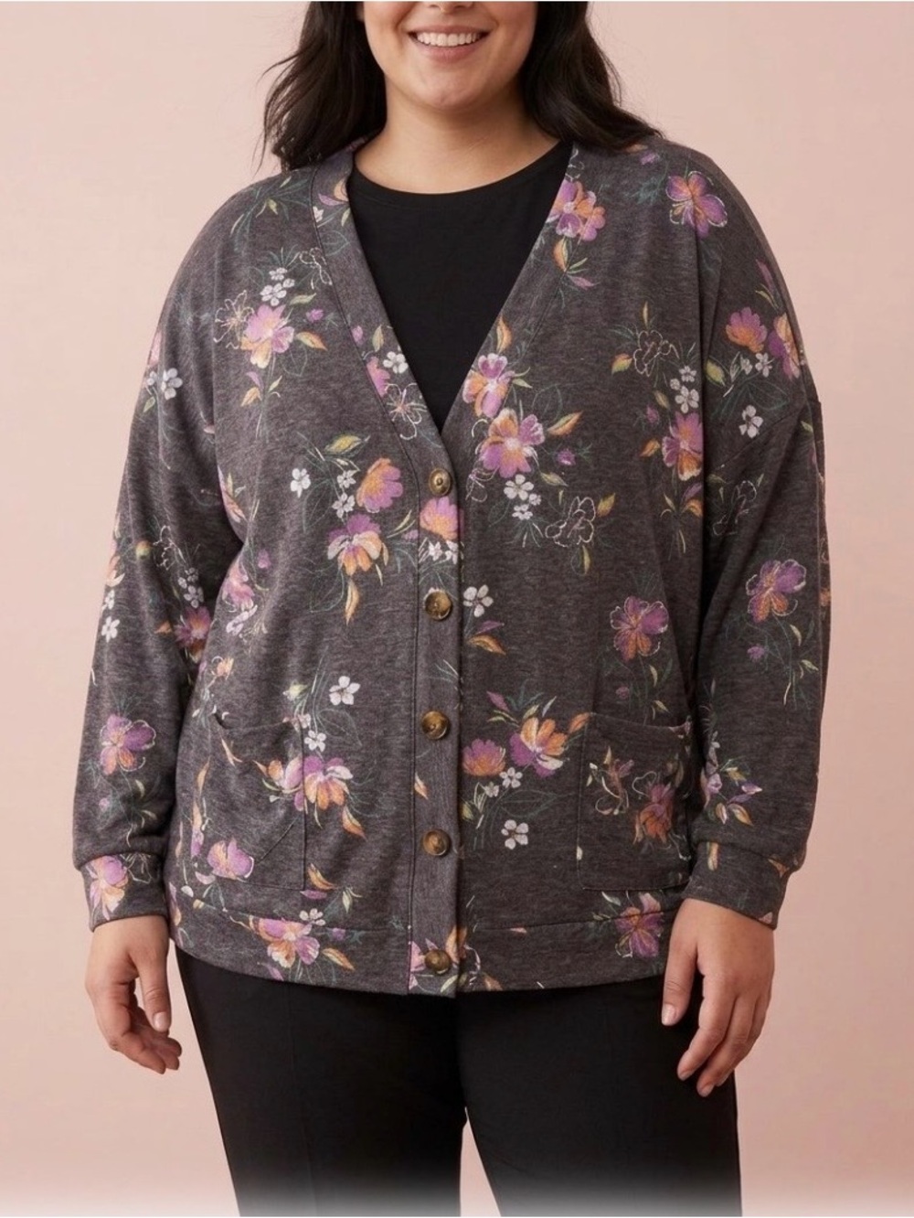 Women’s Floral Button-Front Cardigan Sweater - Black with Pink Floral